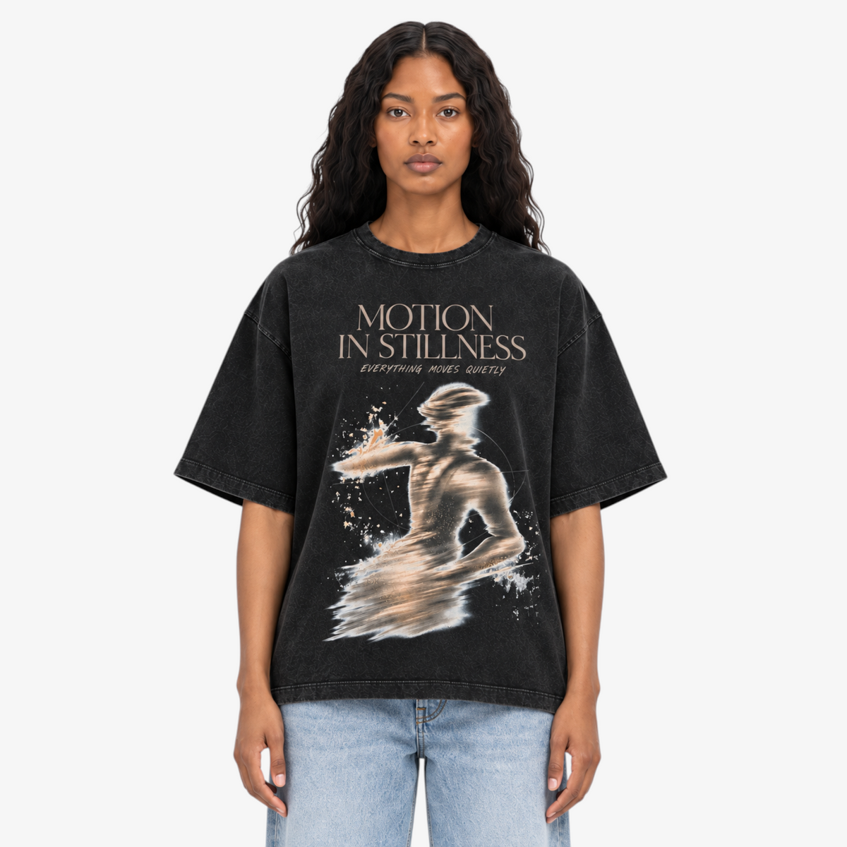 STF Motion in Stillness washed-black boxy oversized T-shirt — female closeup