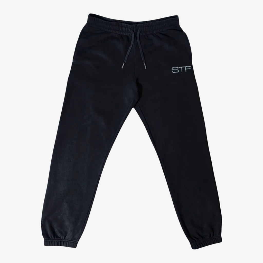 Seejthreadsflames (STF) black heavyweight cotton joggers with tonal embroidery and elasticated cuffs