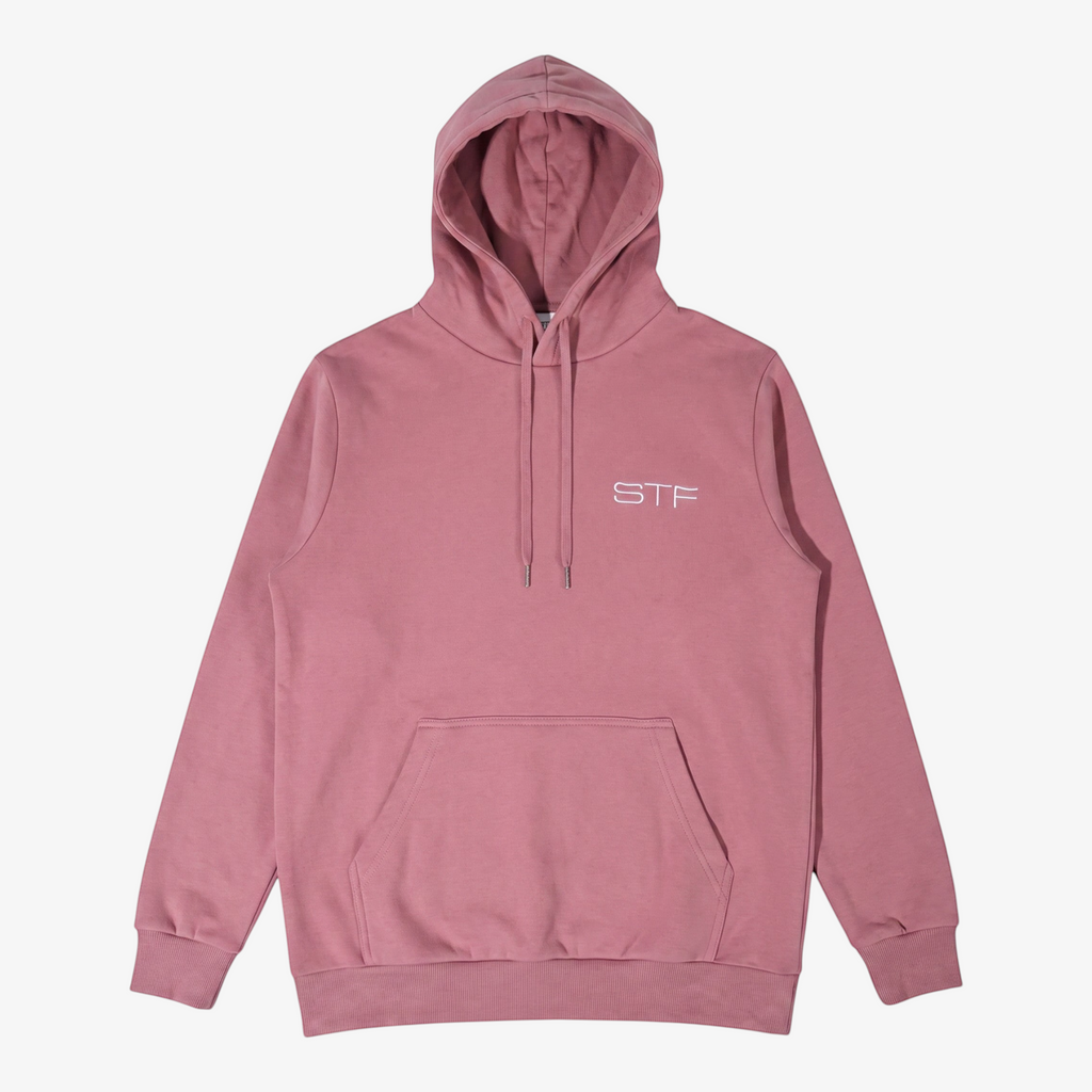 Seejthreadsflames (STF) dusty rose heavyweight cotton pullover hoodie with embroidered chest logo and kangaroo pocket