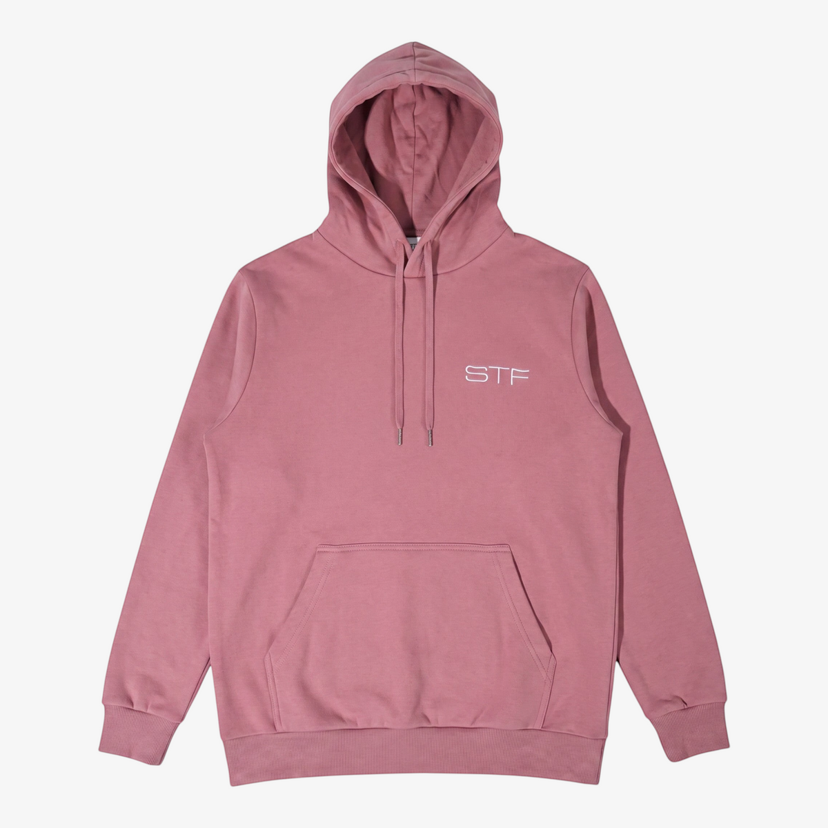 Seejthreadsflames (STF) dusty rose heavyweight cotton pullover hoodie with embroidered chest logo and kangaroo pocket