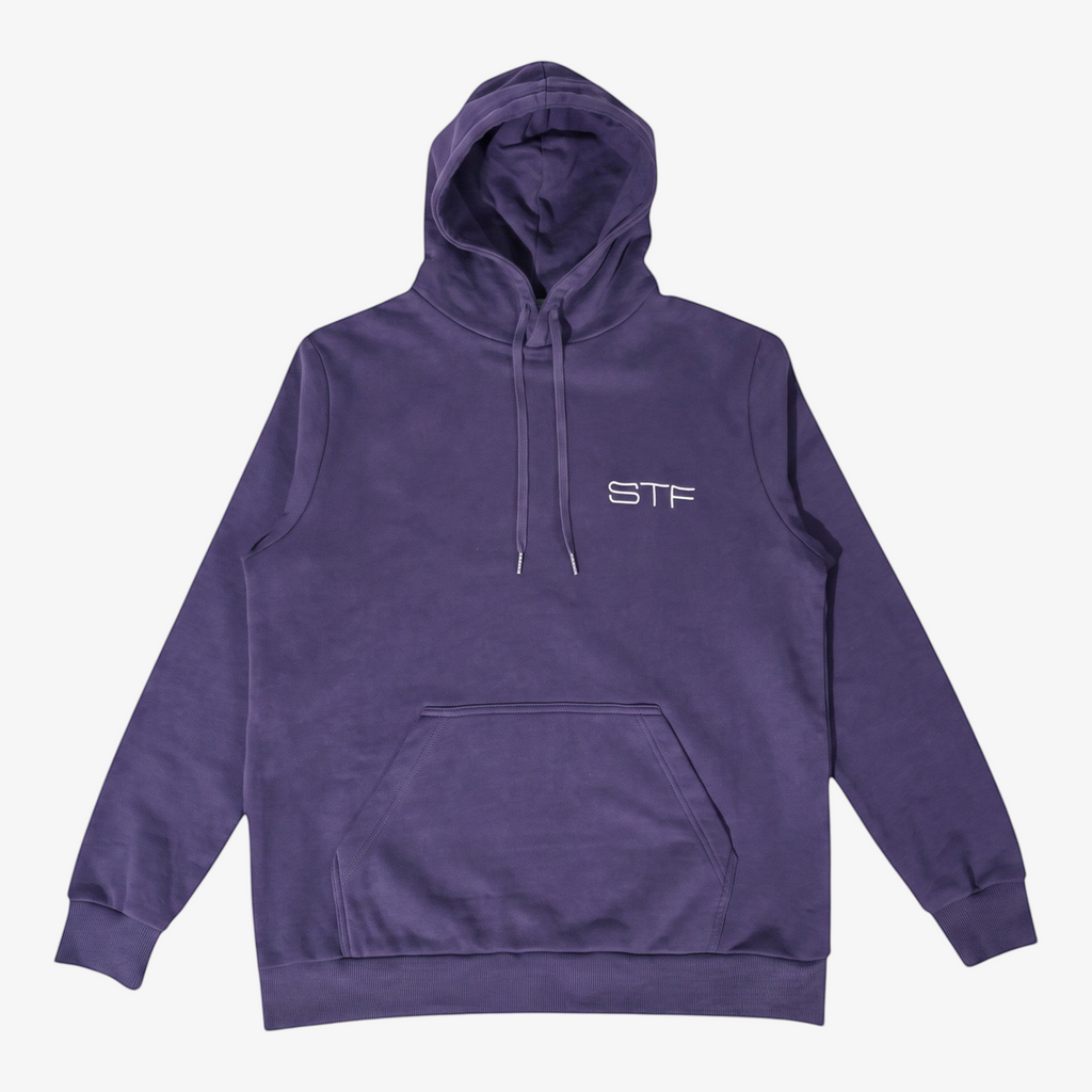 Seejthreadsflames (STF) heavyweight purple cotton pullover hoodie with white chest embroidery and kangaroo pocket