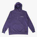 Seejthreadsflames (STF) heavyweight purple cotton pullover hoodie with white chest embroidery and kangaroo pocket