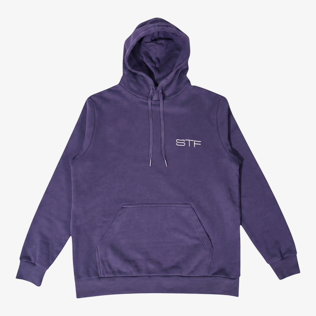 Seejthreadsflames (STF) heavyweight purple cotton pullover hoodie with white chest embroidery and kangaroo pocket
