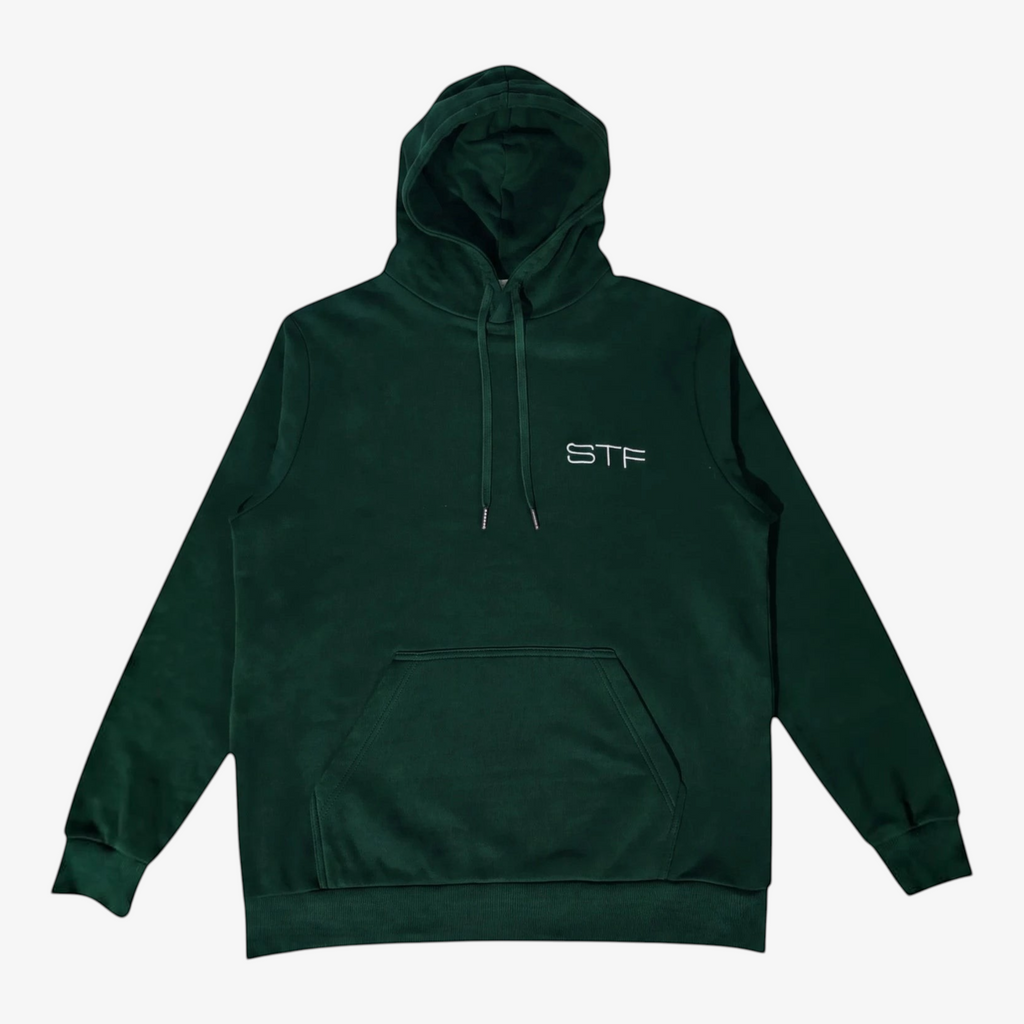 Seejthreadsflames (STF) dark green heavyweight cotton pullover hoodie with embroidered chest logo and kangaroo pocket