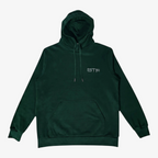 Seejthreadsflames (STF) dark green heavyweight cotton pullover hoodie with embroidered chest logo and kangaroo pocket