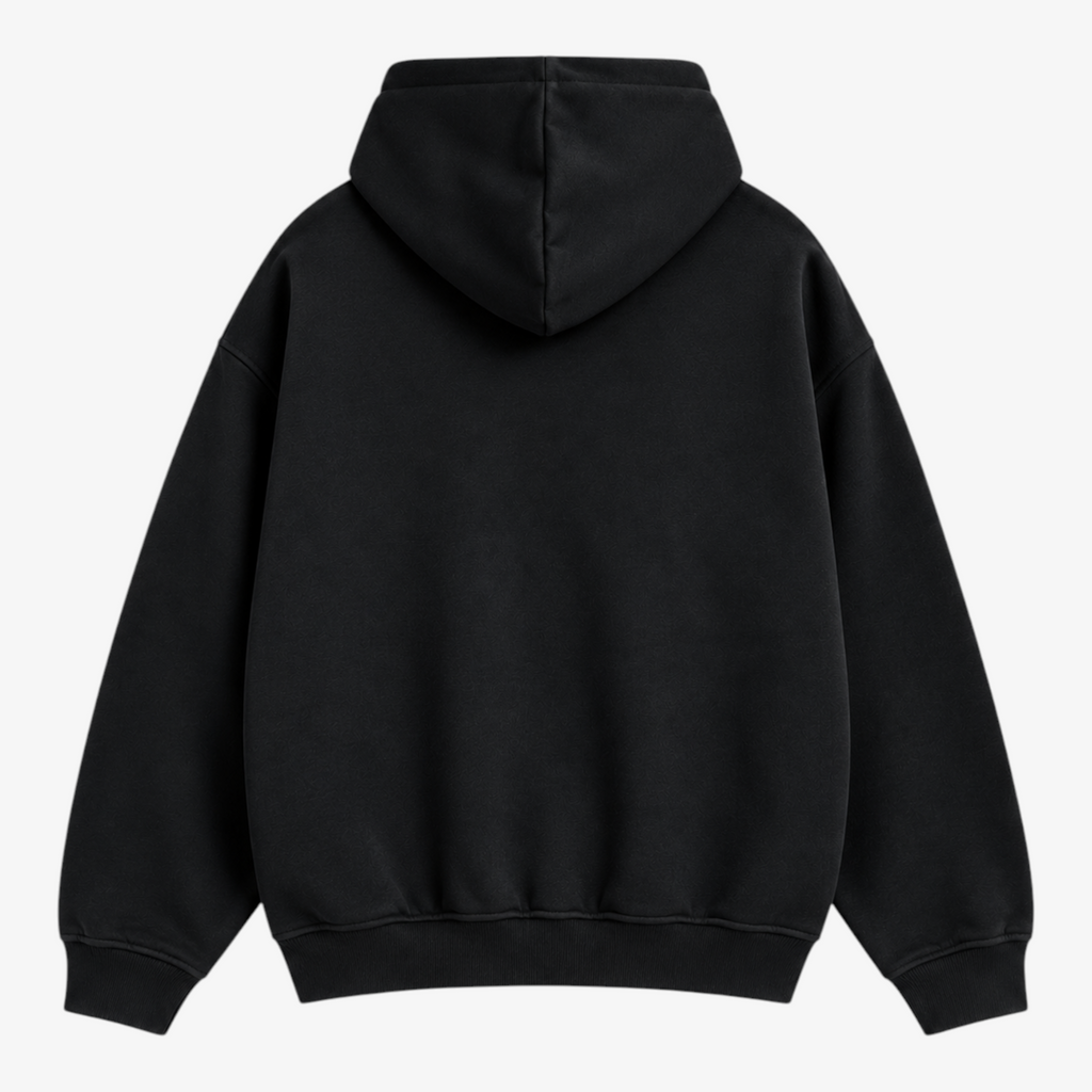 Seejthreadsflames (STF) washed-black oversized pullover hoodie with a boxy fit and double-layer hood, back view.