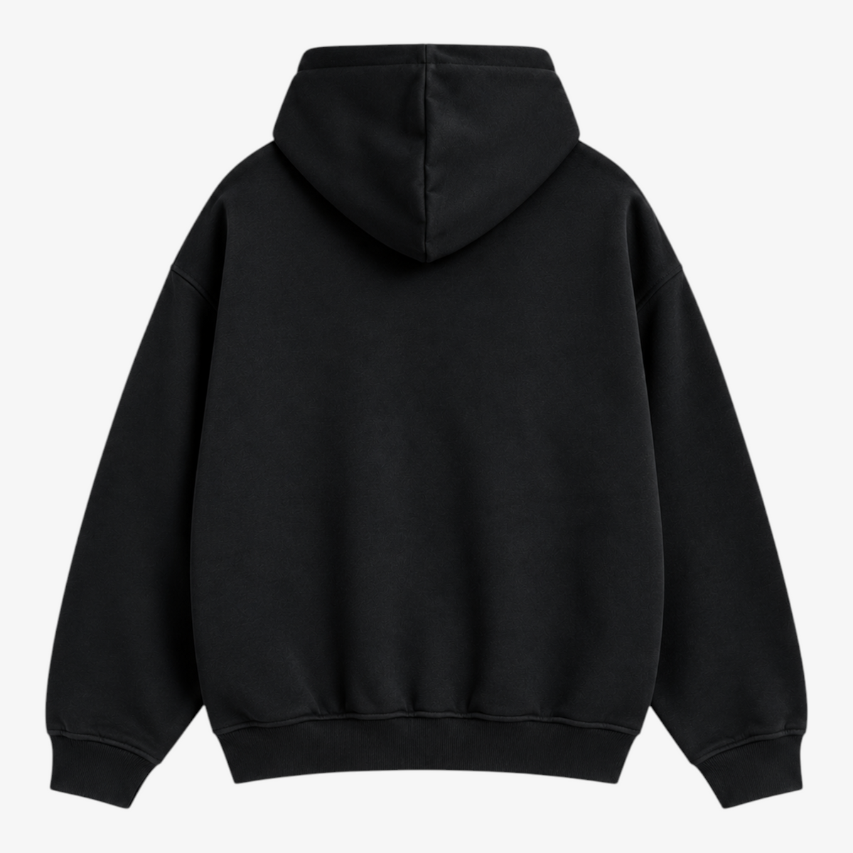 Seejthreadsflames (STF) washed-black oversized pullover hoodie with a boxy fit and double-layer hood, back view.