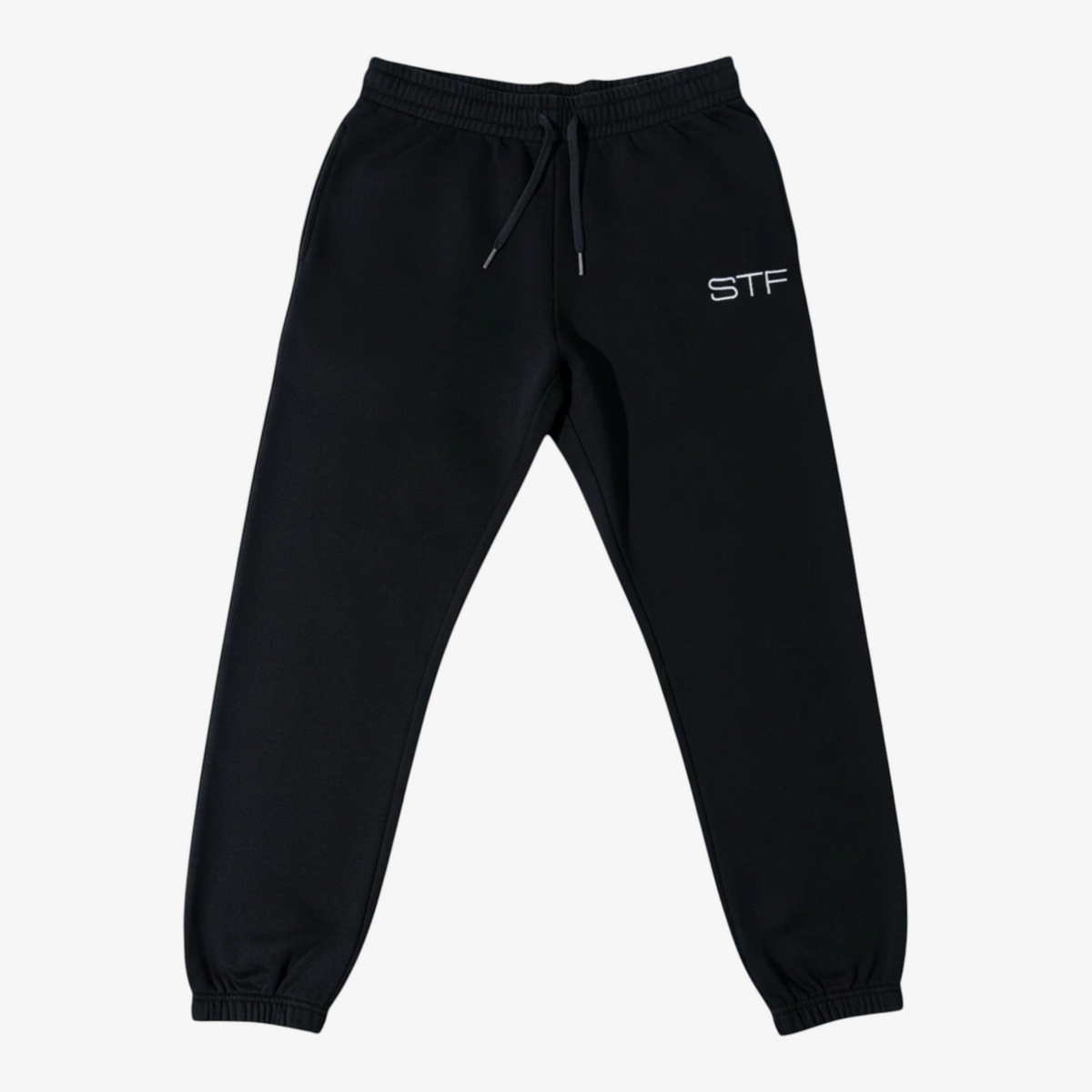 Seejthreadsflames (STF) black French terry joggers with an adjustable drawcord, elastic cuffs, and embroidered logo. Main image