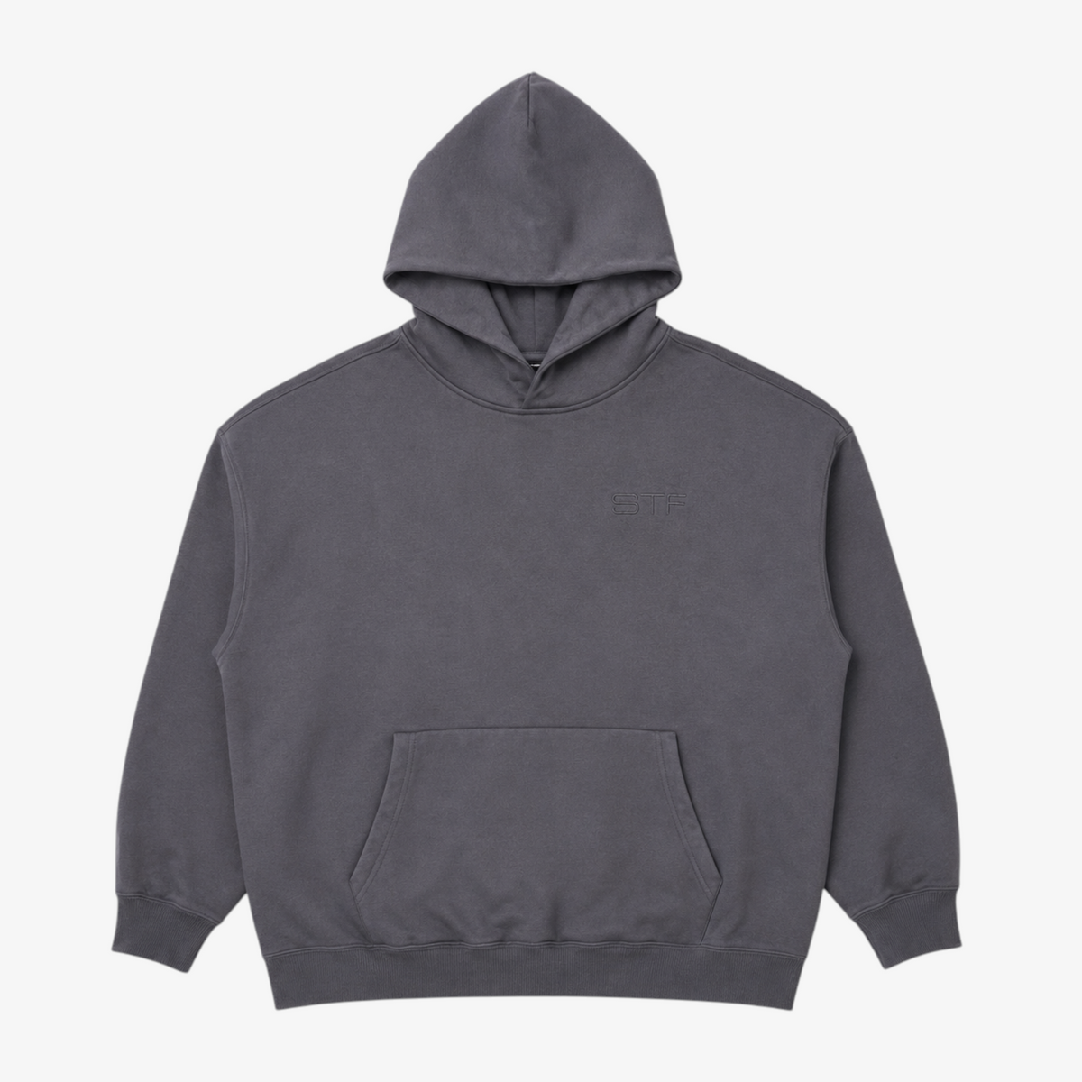 Seejthreadsflames (STF) charcoal grey heavyweight French terry oversized hoodie with tonal chest embroidery Main image