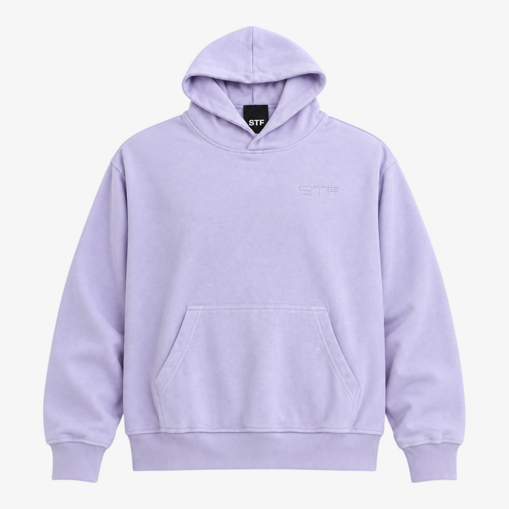 Seejthreadsflames (STF) lavender pullover hoodie with subtle chest embroidery, kangaroo pocket, and ribbed cuffs.