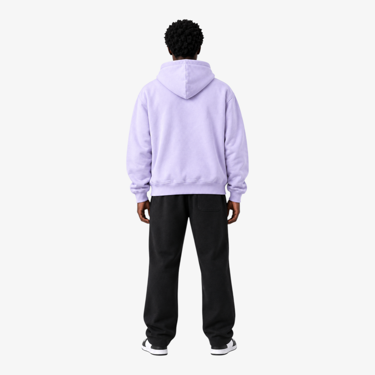 Back view of a man wearing a Seejthreadsflames (STF) lavender pullover hoodie with a hood and ribbed hem.