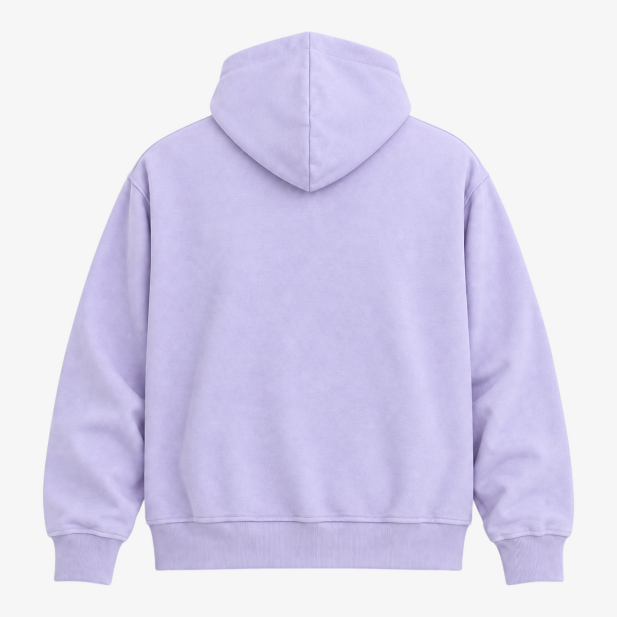 Seejthreadsflames (STF) lavender pullover hoodie with a clean back view, featuring ribbed cuffs and hem.