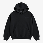 Seejthreadsflames (STF) washed-black oversized pullover hoodie with tonal chest embroidery and kangaroo pocket