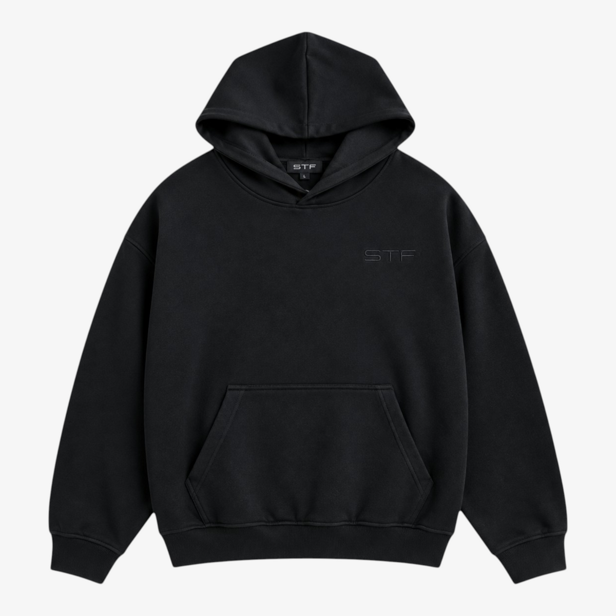 Seejthreadsflames (STF) washed-black oversized pullover hoodie with tonal chest embroidery and kangaroo pocket