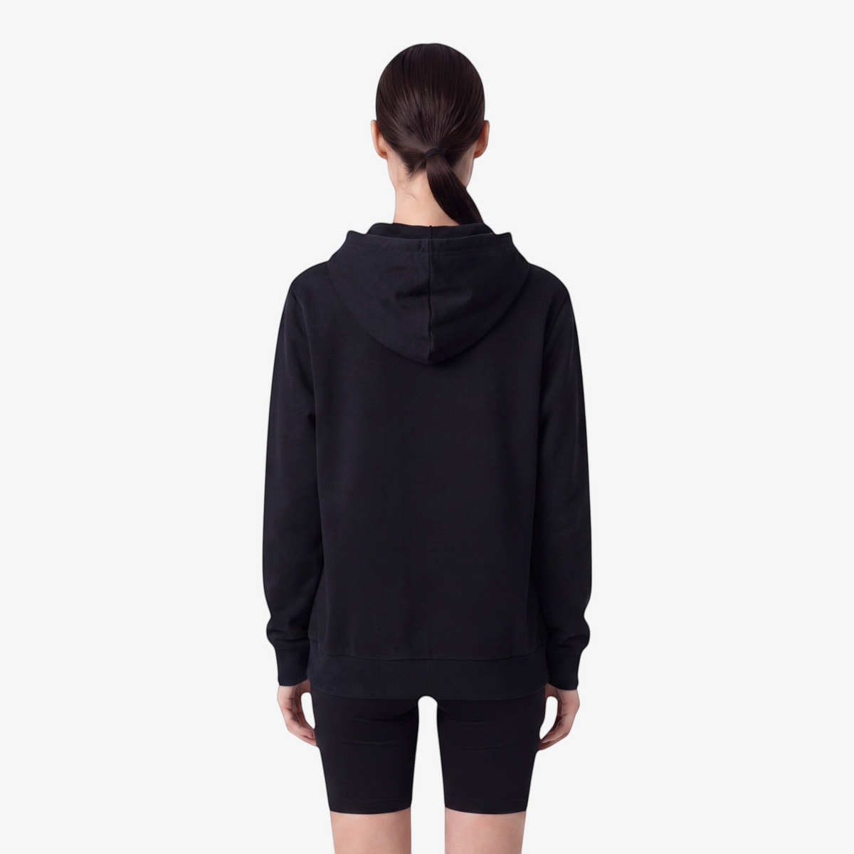 Back view of a Seejthreadsflames (STF) black heavyweight cotton pullover hoodie with an oversized fit.