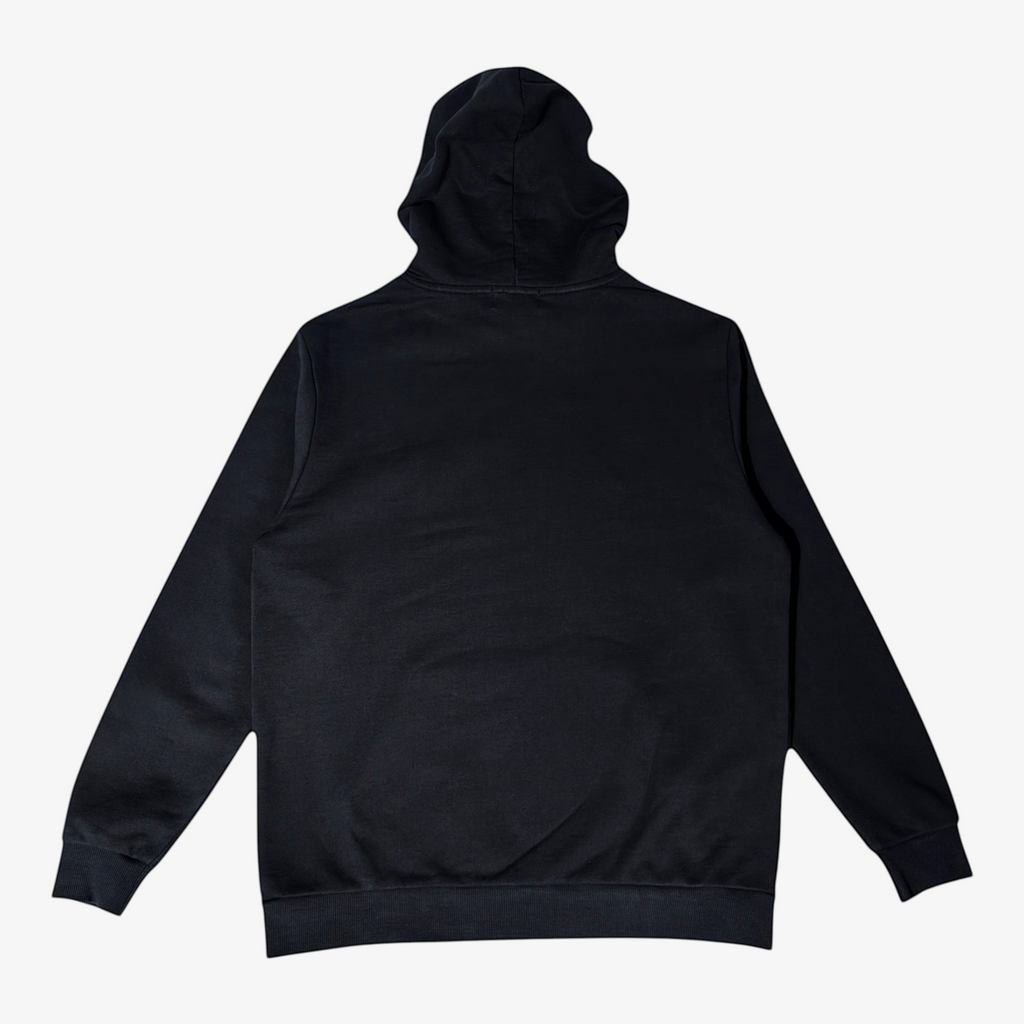 Seejthreadsflames (STF) black heavyweight cotton pullover hoodie, back view showing oversized fit and ribbed hem.