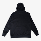 Seejthreadsflames (STF) black heavyweight cotton pullover hoodie, back view showing oversized fit and ribbed hem.