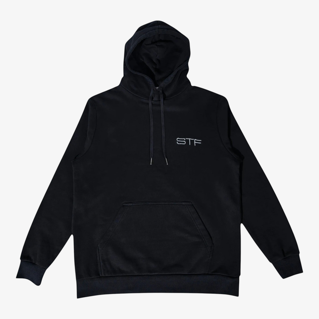 Seejthreadsflames (STF) black heavyweight 100% cotton oversized pullover hoodie with chest embroidery and front pocket