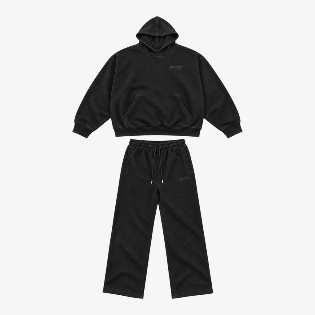 STF black heavyweight tracksuit set, front product view