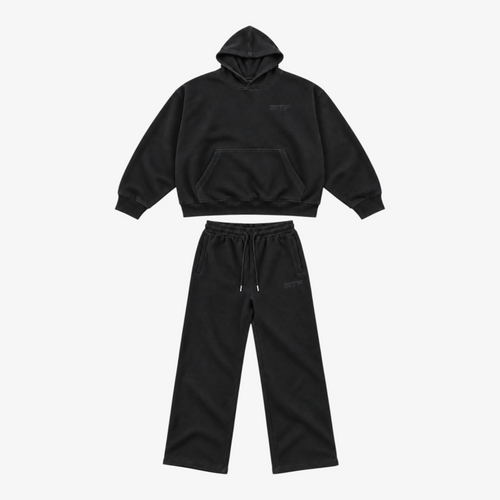 STF black heavyweight tracksuit set, front product view