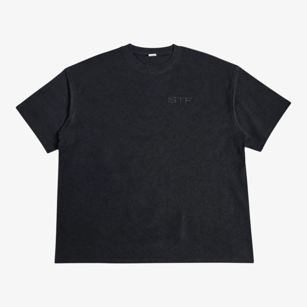 STF tonal embroidered T-shirt in black, front view