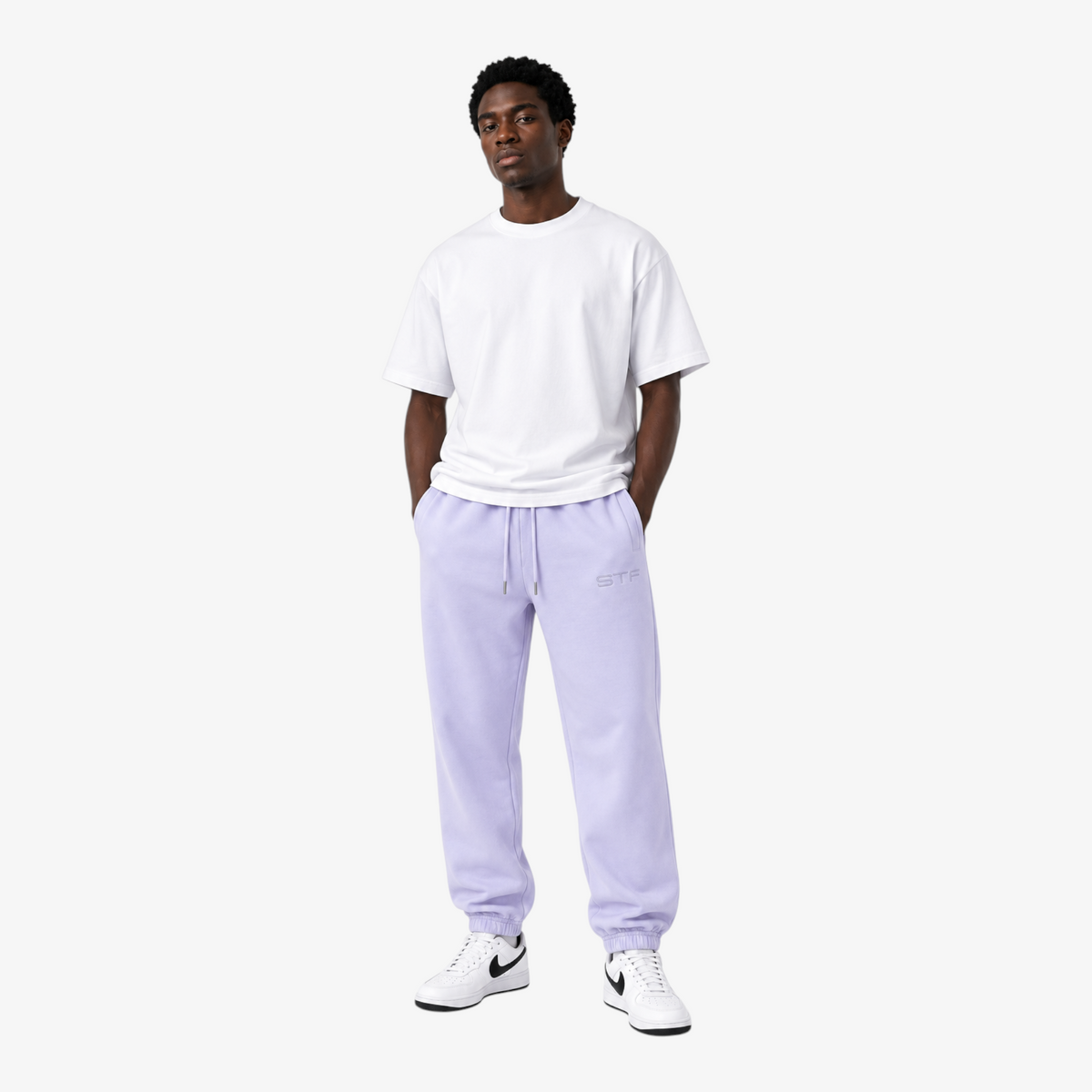 STF lavender French terry joggers – male model front view