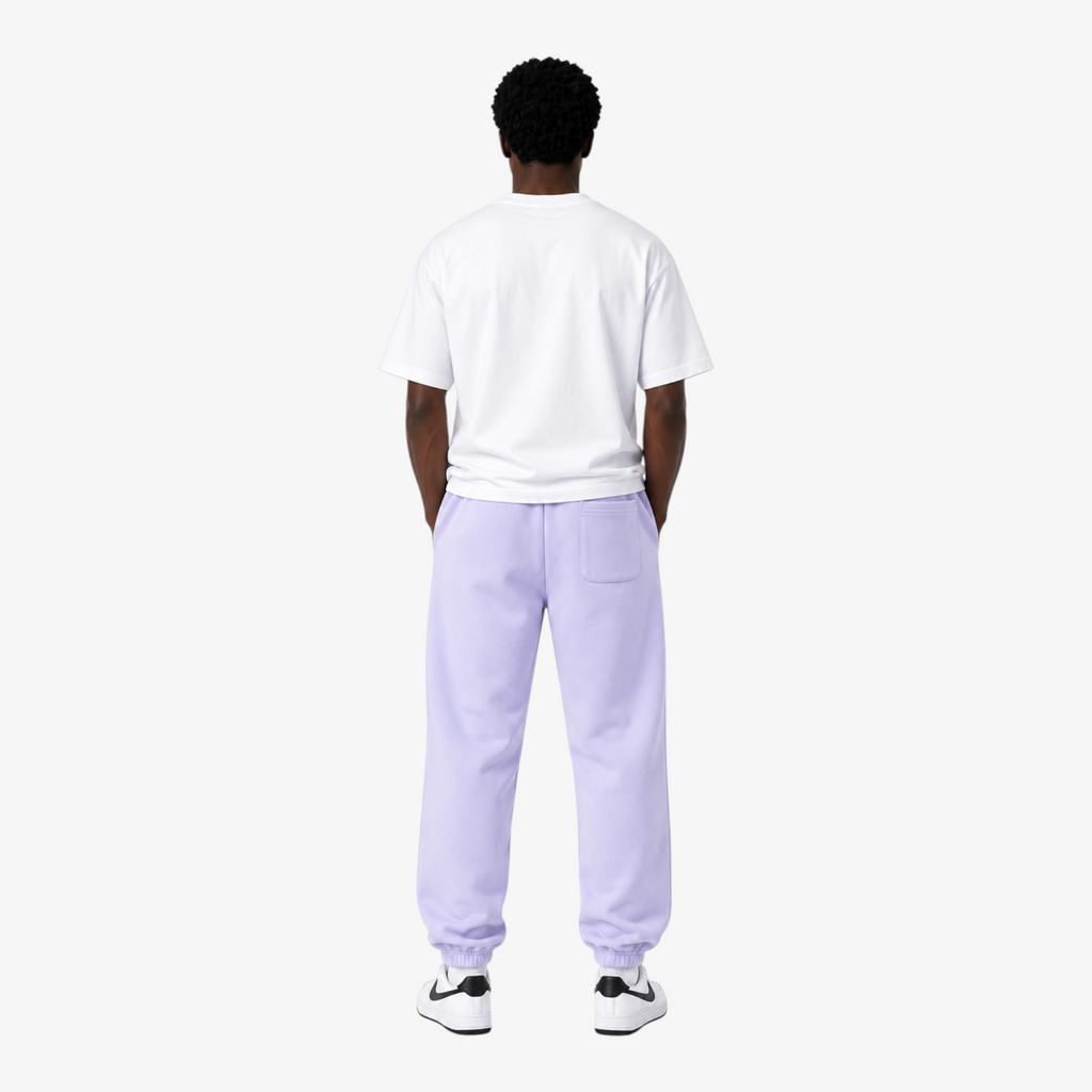 STF lavender French terry joggers – male model back view