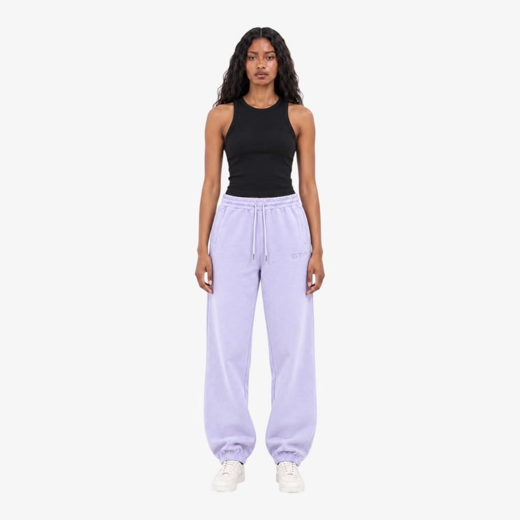 STF lavender French terry joggers – female model front view