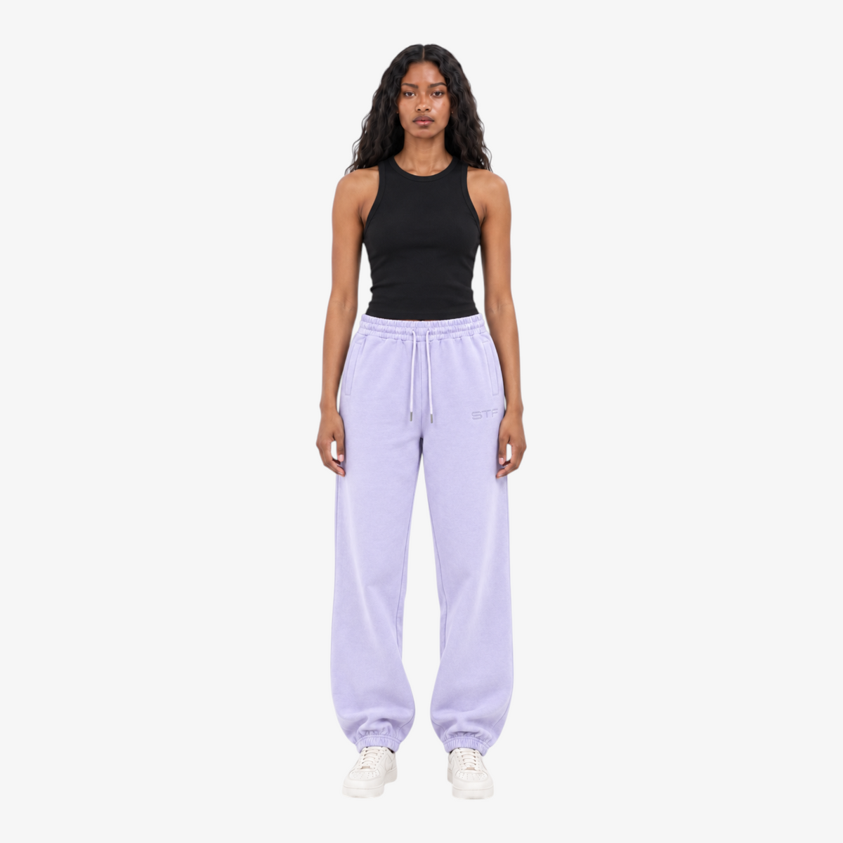 STF lavender French terry joggers – female model front view