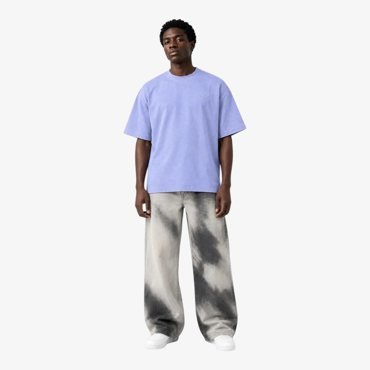 STF lavender oversized T-shirt model front view