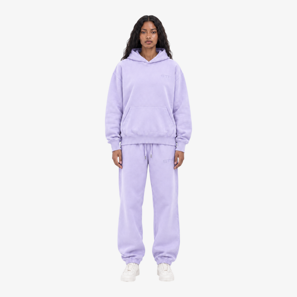 STF lavender oversized training set – female model front view