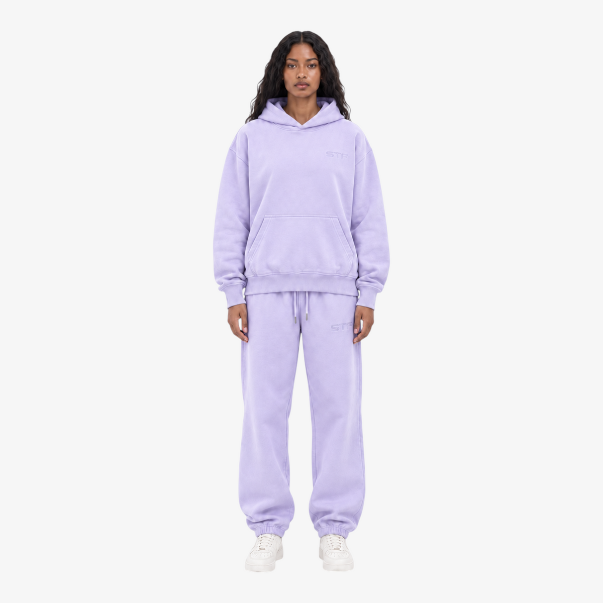 STF lavender oversized training set – female model front view