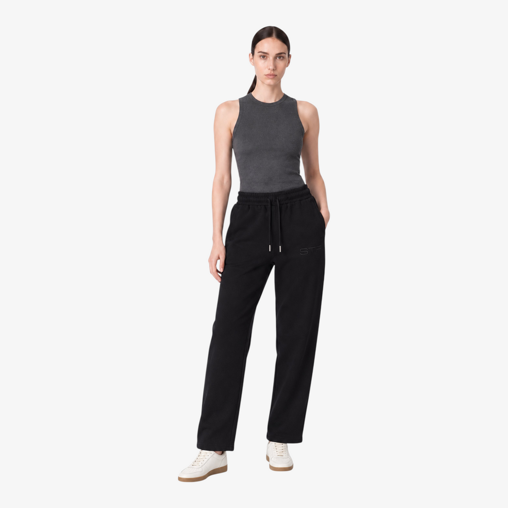 STF Washed Black Straight-Leg Joggers on female model — front